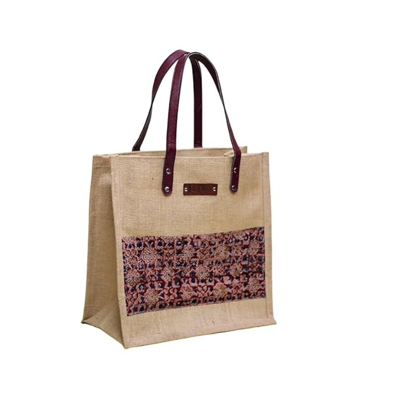 Jute Cottage Kalamkari Patch Design Jute Shopping Bag