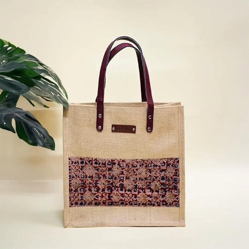 Jute Cottage Kalamkari Patch Design Jute Shopping Bag